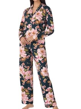 Room service NWOT navy pink floral print pajama button down shirt pant set XXL
